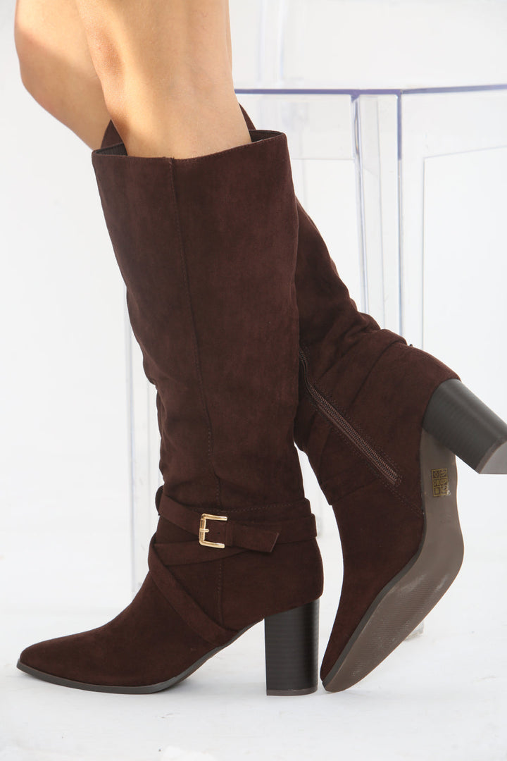 Eden Brown Suede Block Heel Knee Boots
