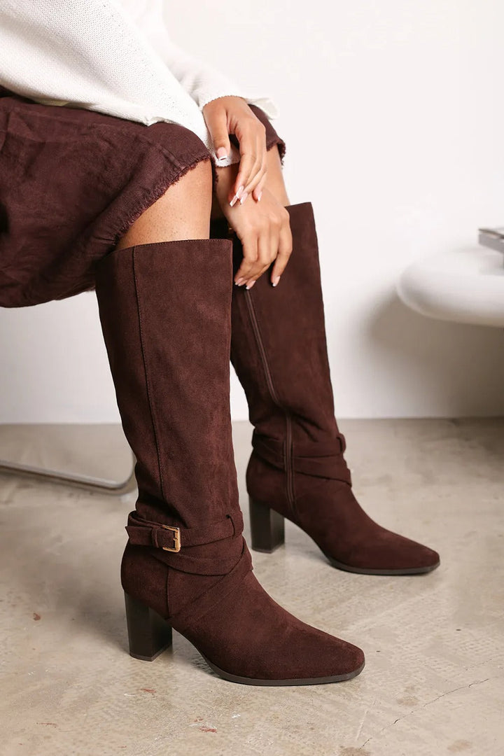 Eden Brown Suede Block Heel Knee Boots