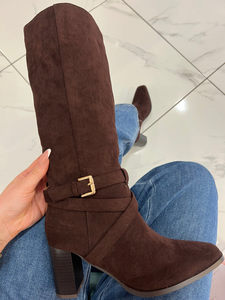 Eden Brown Suede Block Heel Knee Boots