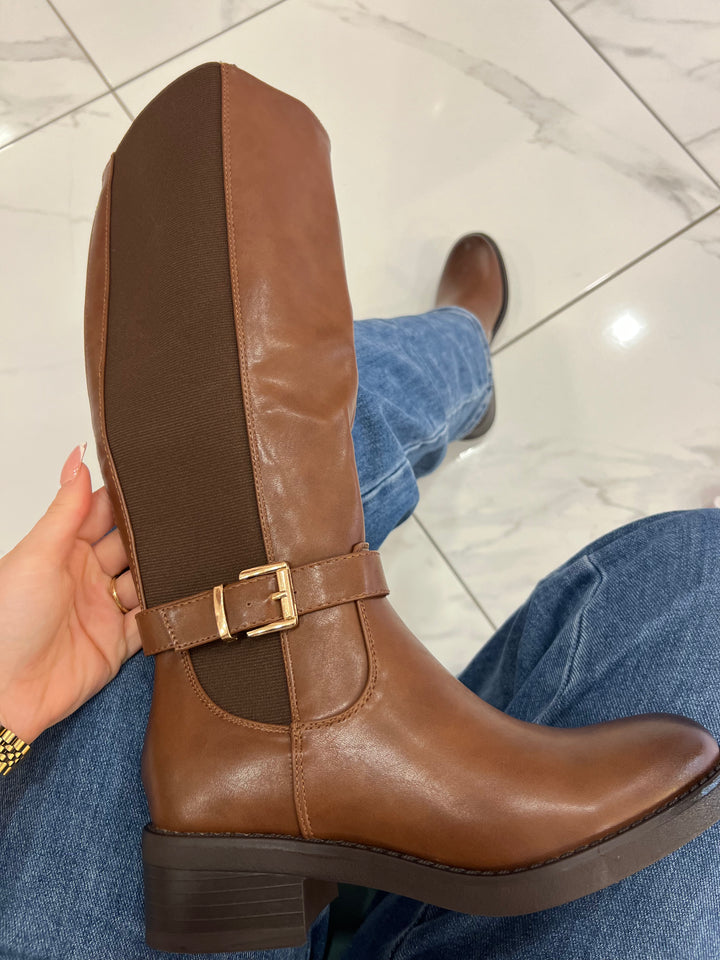 Elise Brown Knee High Elasticated Stretch Boots