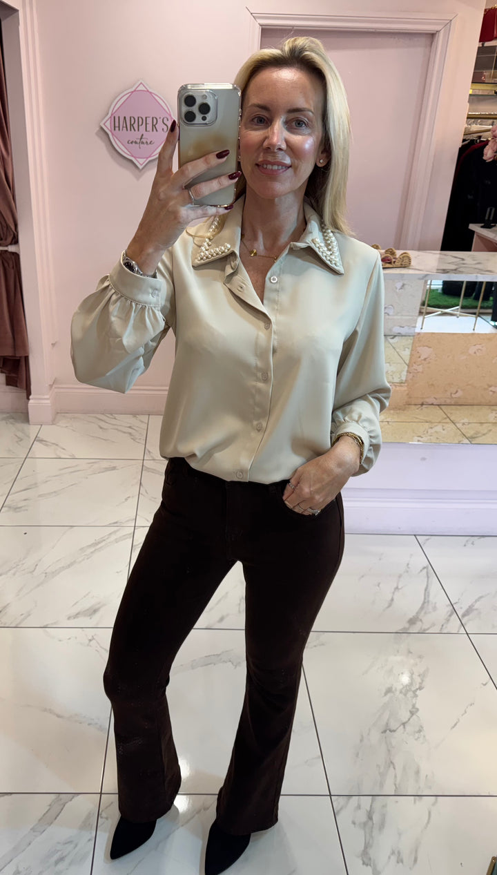 Pearl Collar Silky Feel Blouse/Shirt