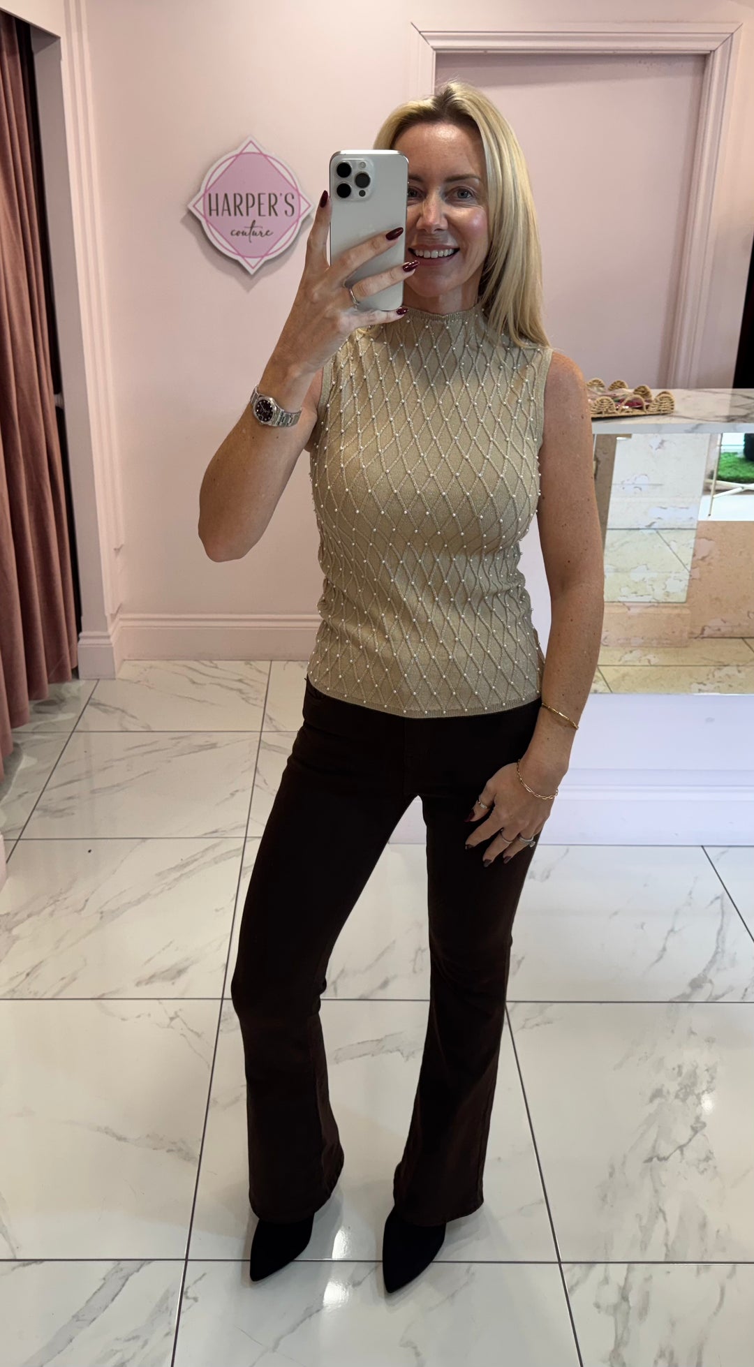 Rossi Beige Sparkle & Pearl Top