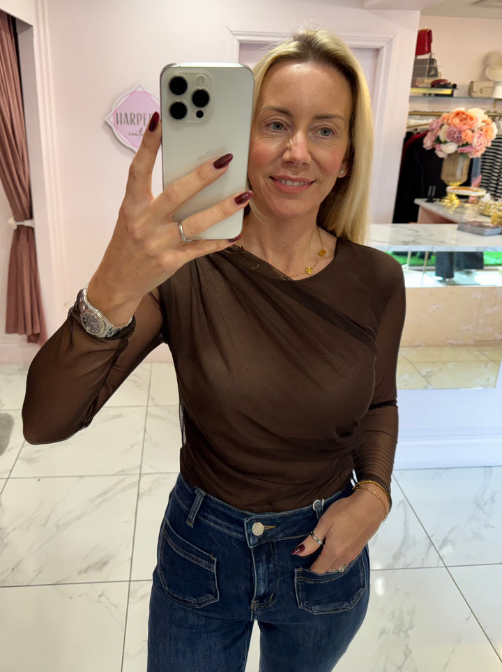 Joelle Sheer Overlay Detail Chocolate Bodysuit