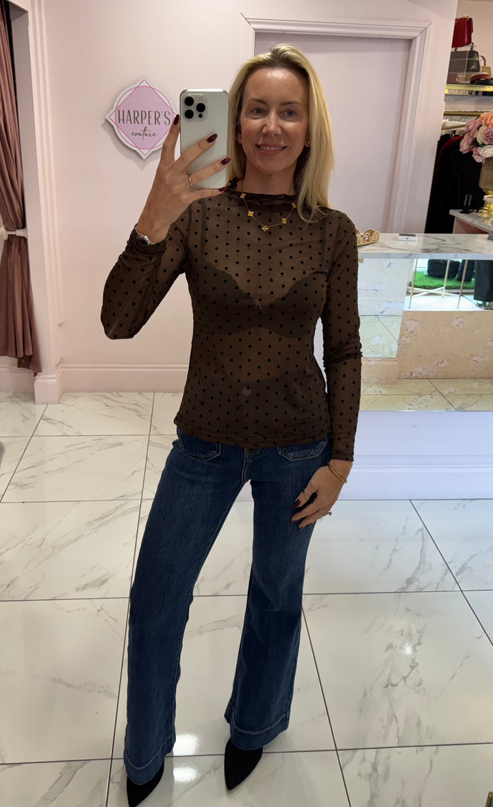 Ellie Chocolate Polka Dot Sheer Top