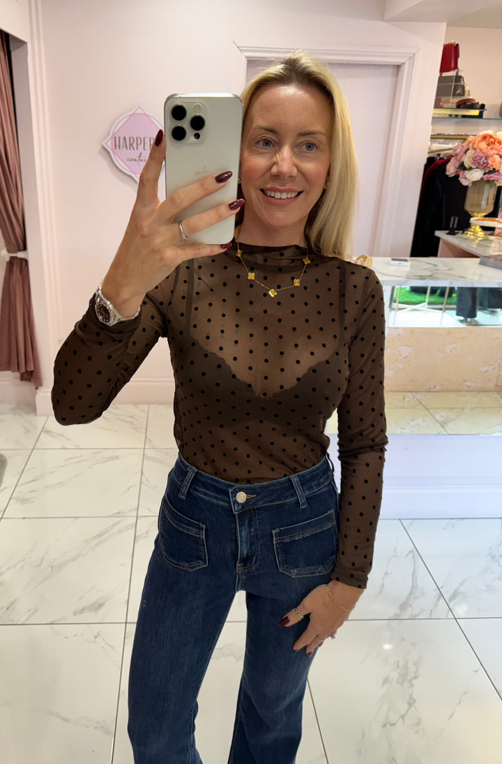 Ellie Chocolate Polka Dot Sheer Top