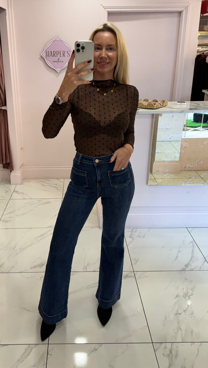 Ellie Chocolate Polka Dot Sheer Top