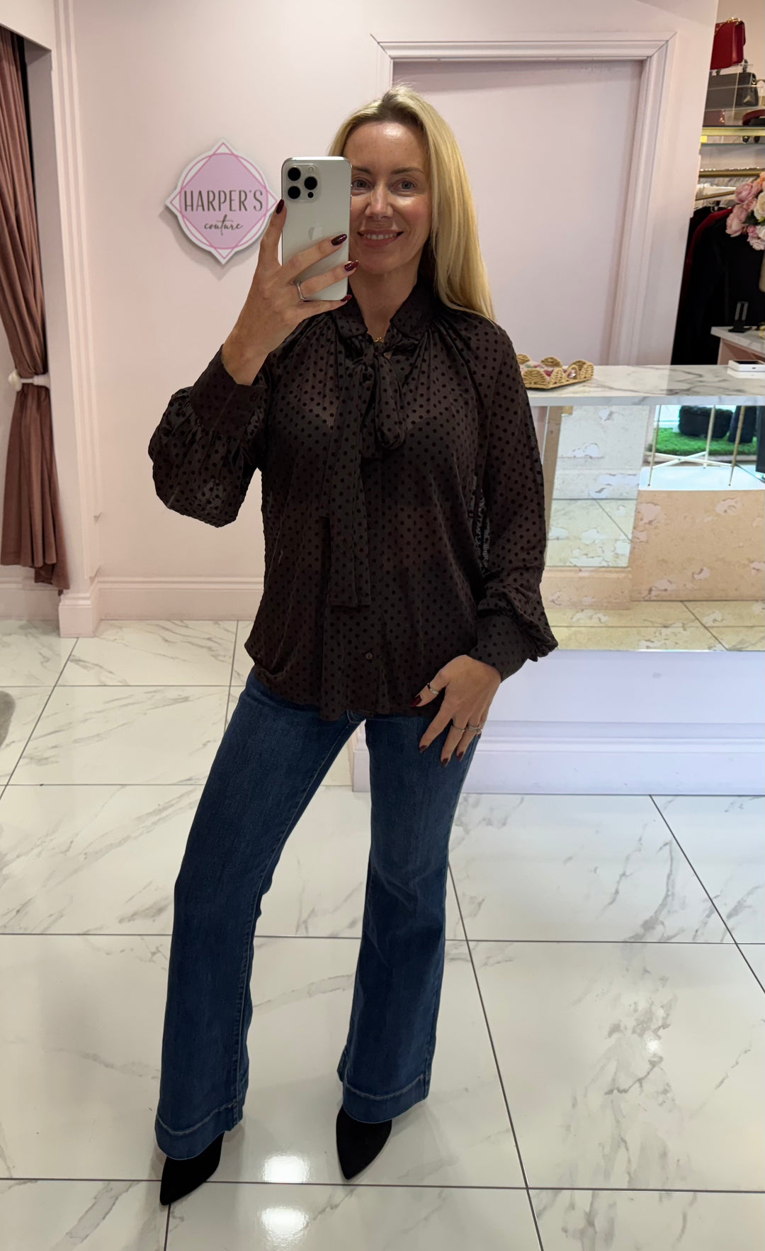 Pearla Chocolate Flock Polka Dot Print Bow Blouse