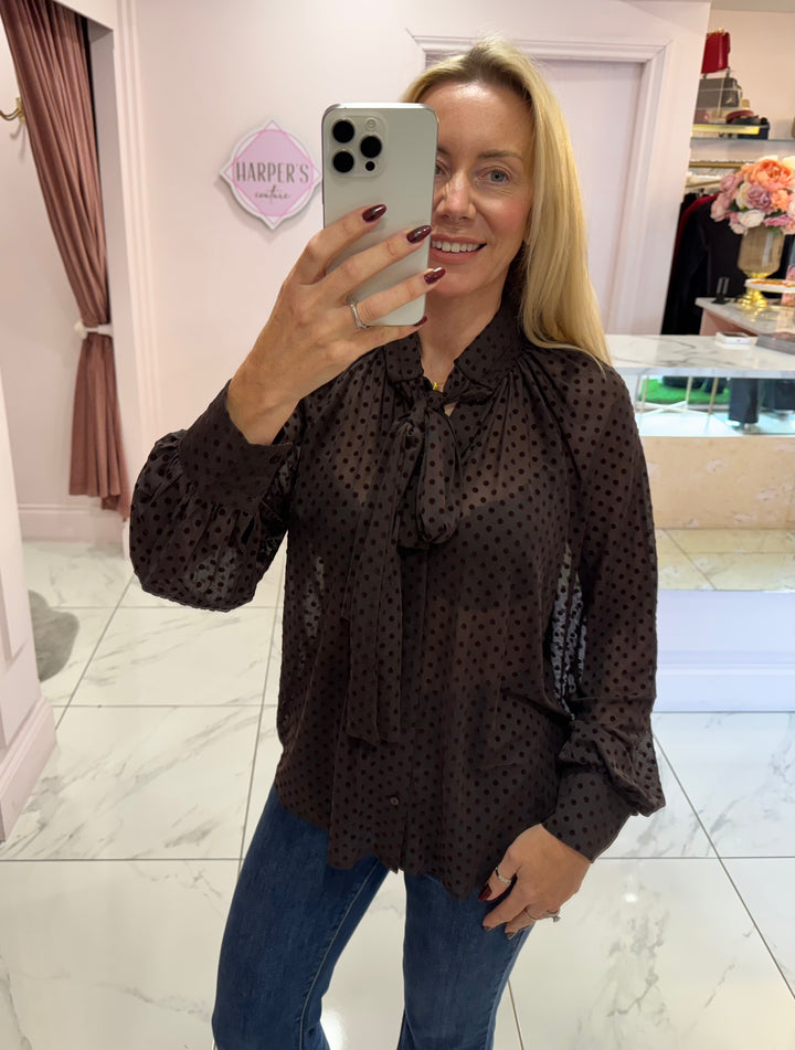 Pearla Chocolate Flock Polka Dot Print Bow Blouse