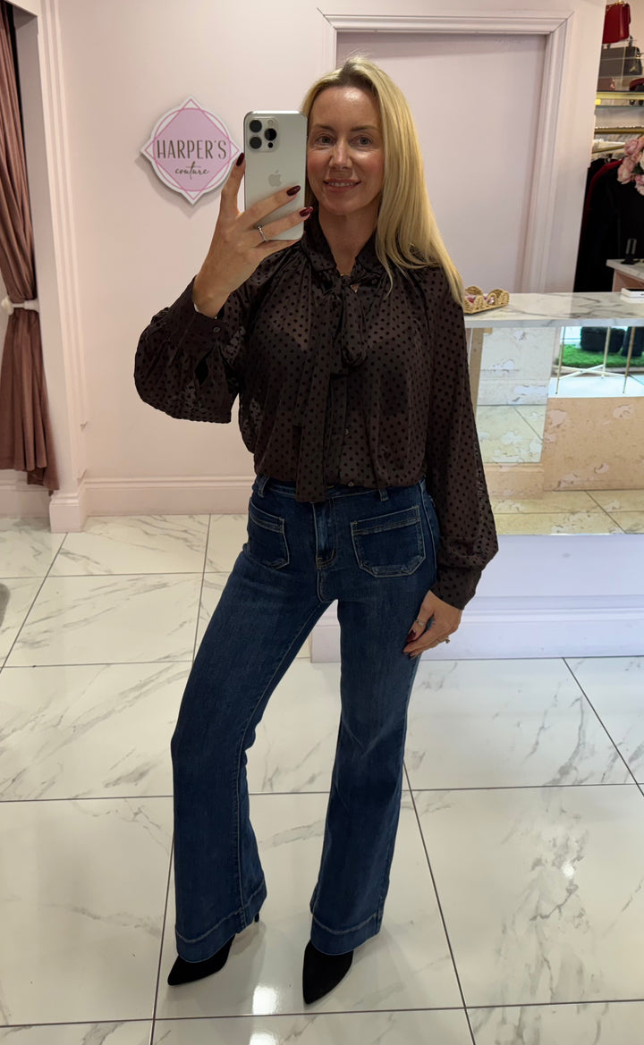 Pearla Chocolate Flock Polka Dot Print Bow Blouse