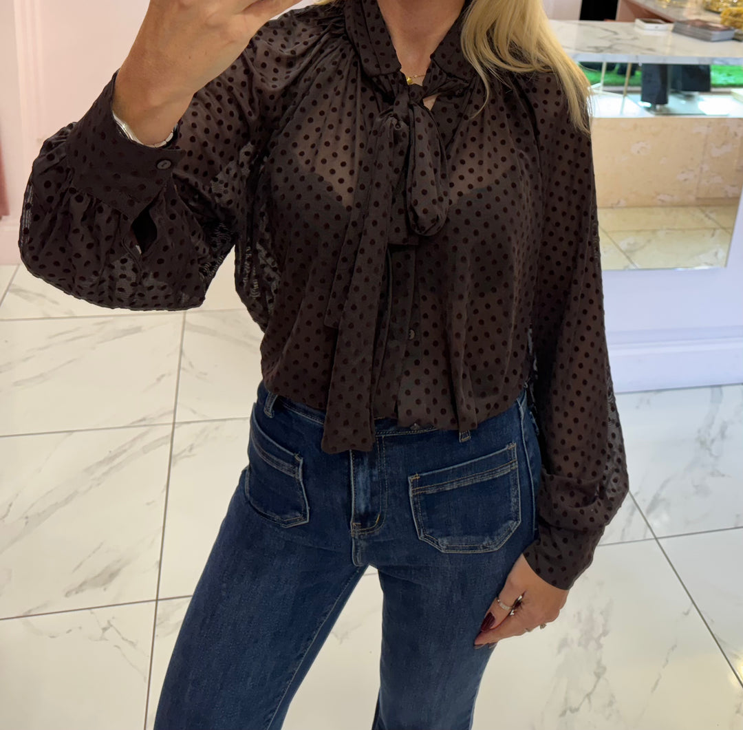 Pearla Chocolate Flock Polka Dot Print Bow Blouse