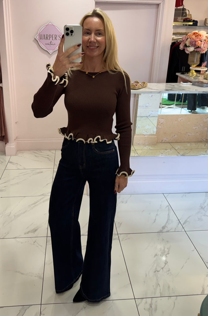 Valencia Chocolate & Cream Piped Edge Ribbed Knit Sweater/Jumper