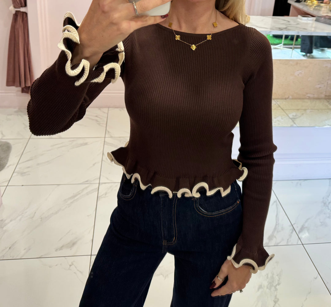 Valencia Chocolate & Cream Piped Edge Ribbed Knit Sweater/Jumper