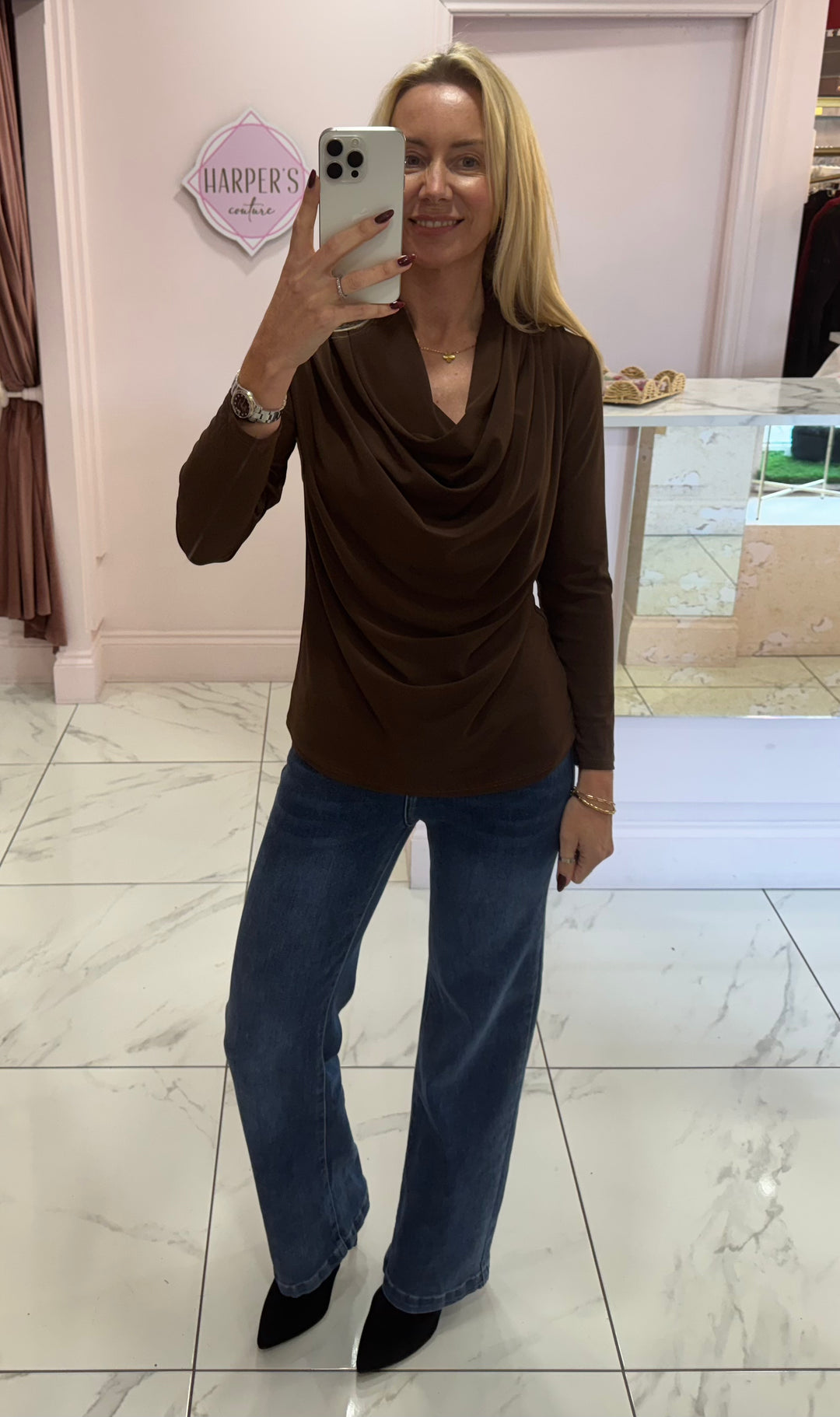 Sian Cowl Neck Chocolate Top