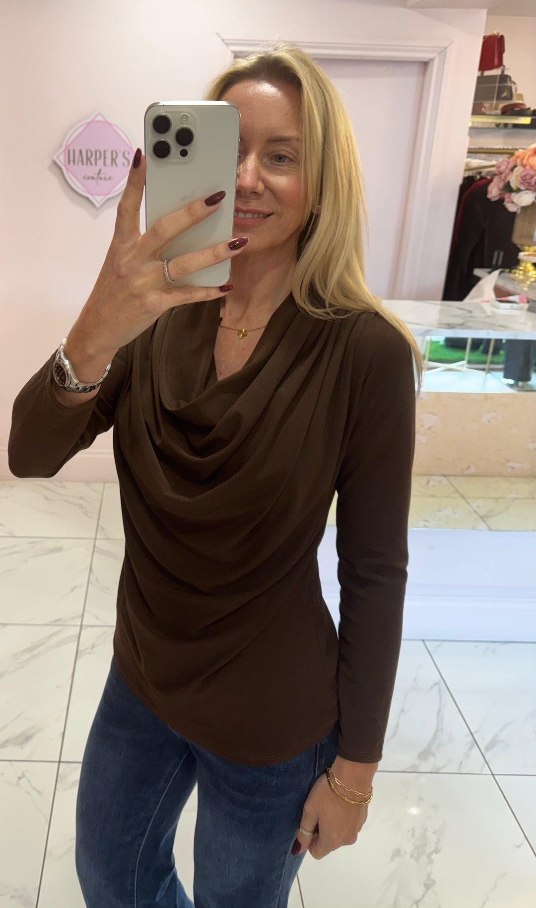 Sian Cowl Neck Chocolate Top