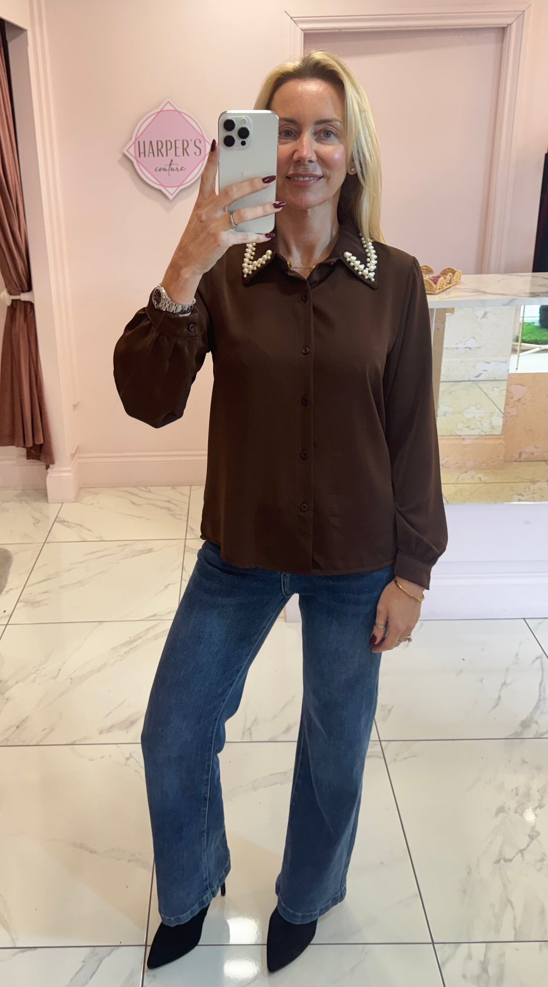 Pearl Collar Silky Feel Blouse/Shirt