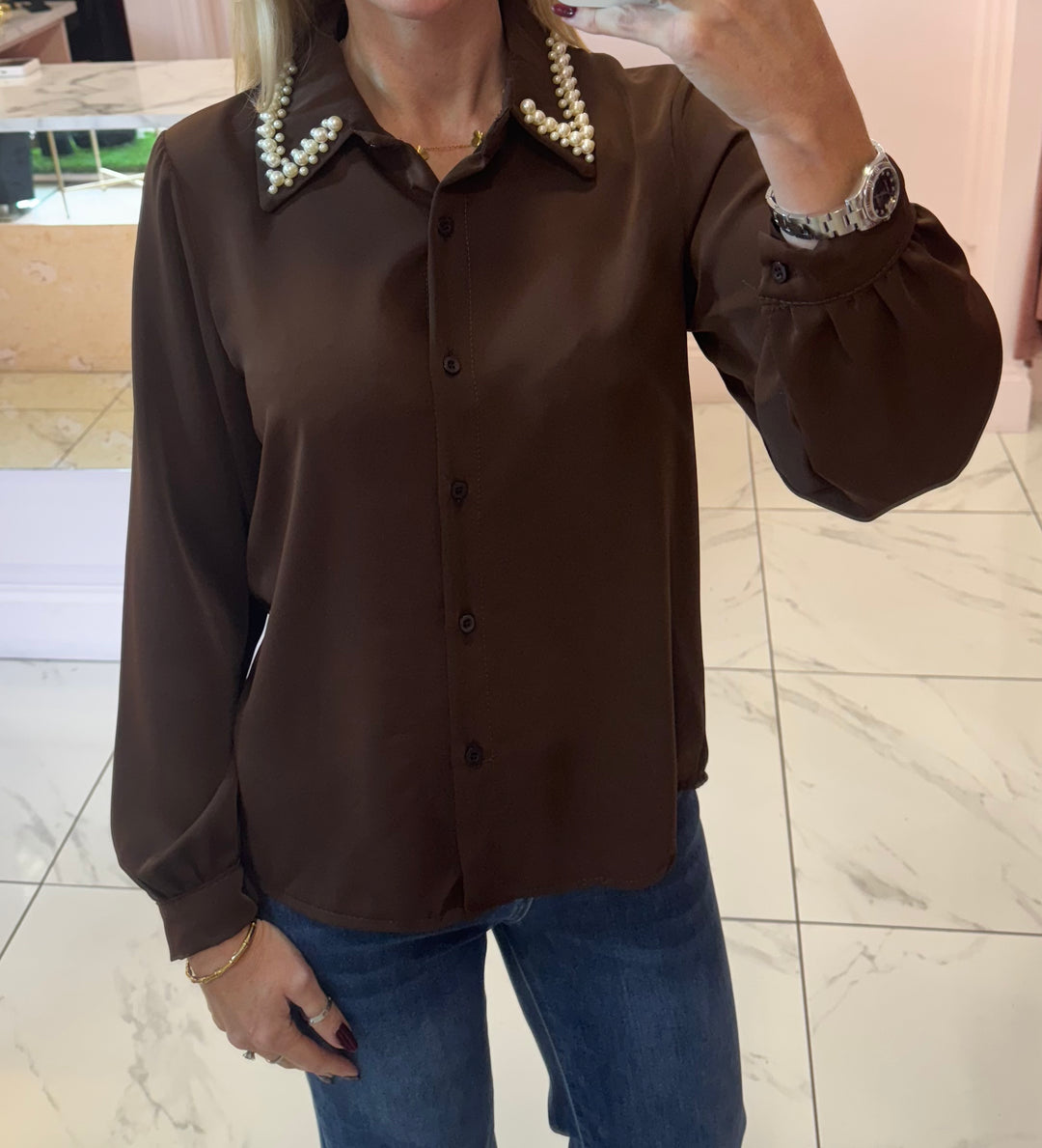 Pearl Collar Silky Feel Blouse/Shirt