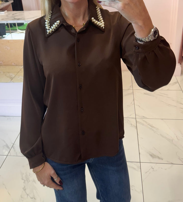Pearl Collar Silky Feel Blouse/Shirt