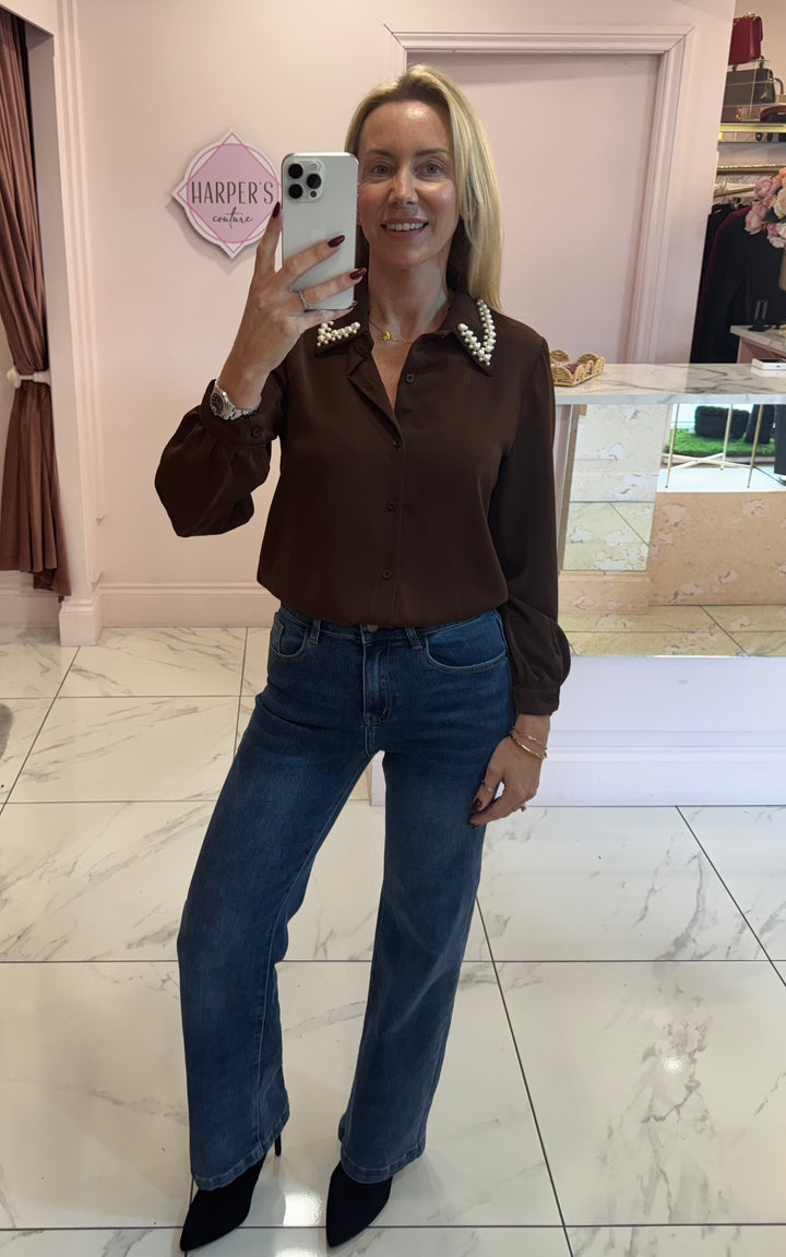 Pearl Collar Silky Feel Blouse/Shirt