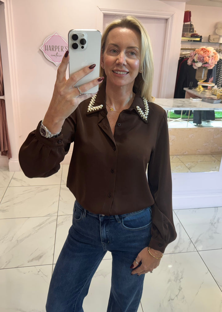 Pearl Collar Silky Feel Blouse/Shirt