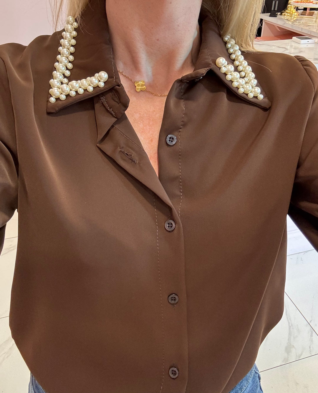 Pearl Collar Silky Feel Blouse/Shirt