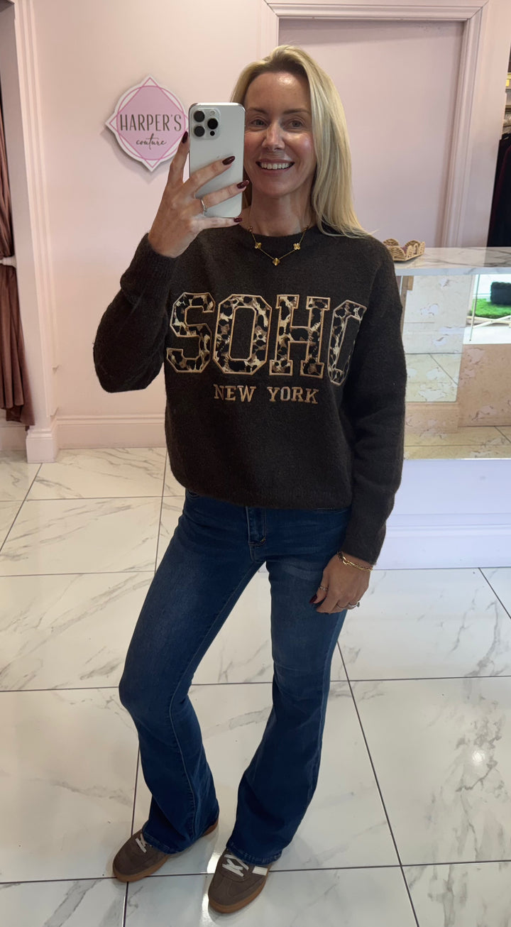 Soho Chocolate Leopard Print Super Soft Knit Sweater/Jumper