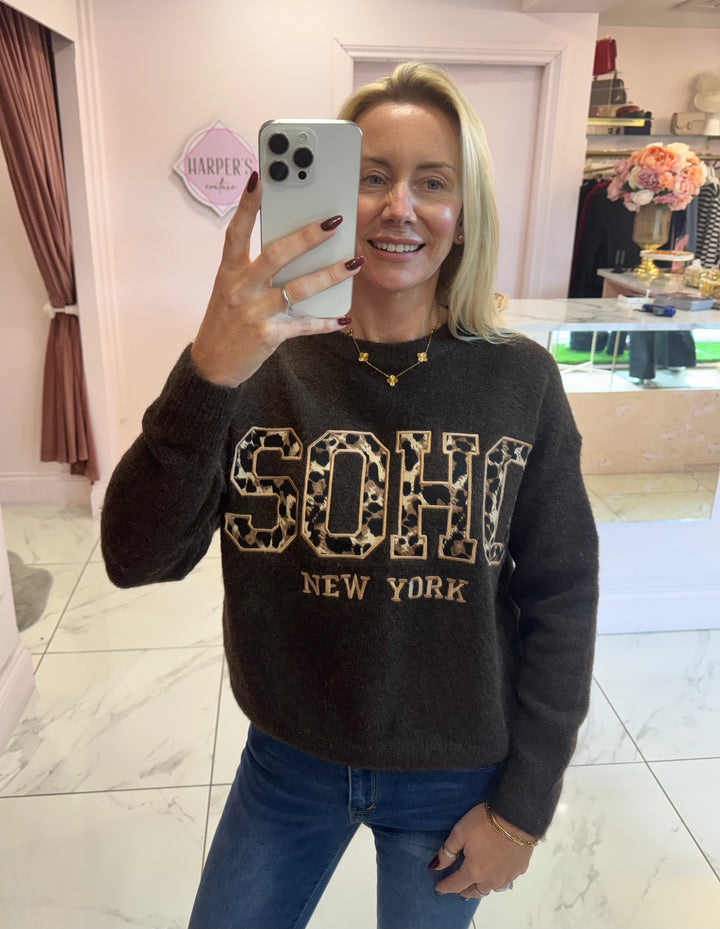Soho Chocolate Leopard Print Super Soft Knit Sweater/Jumper