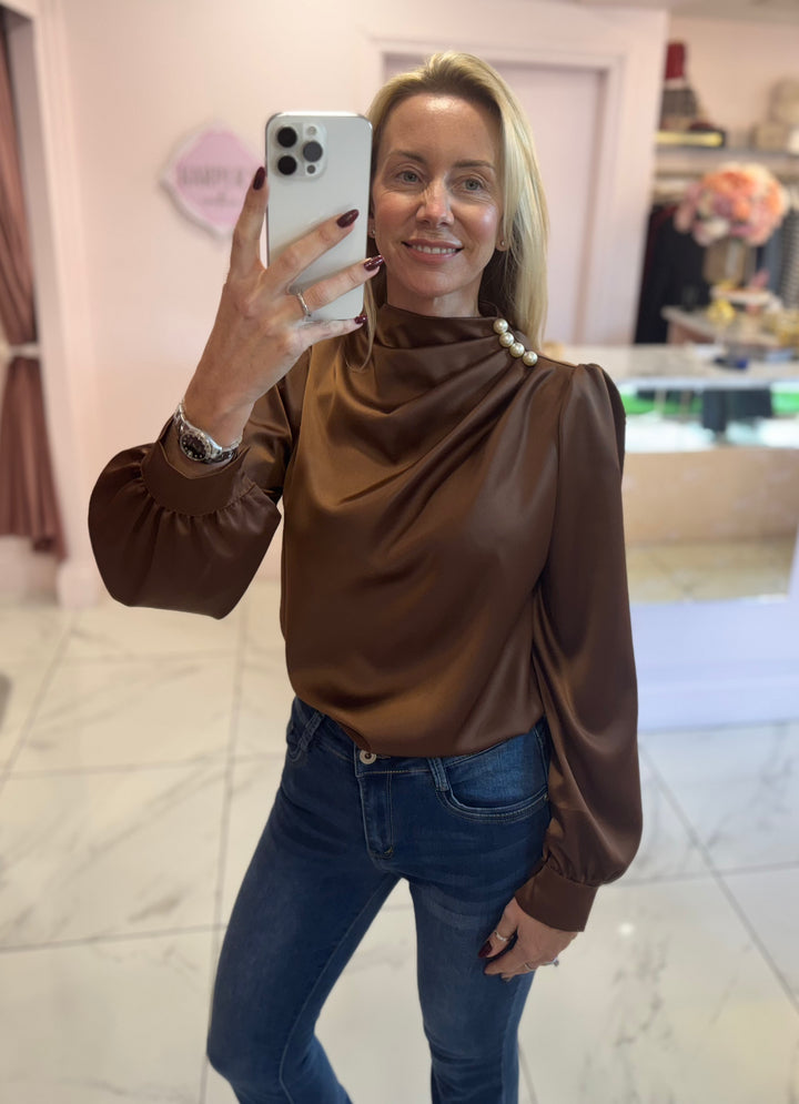 Penelope Pearl Shoulder Chocolate Blouse/Top