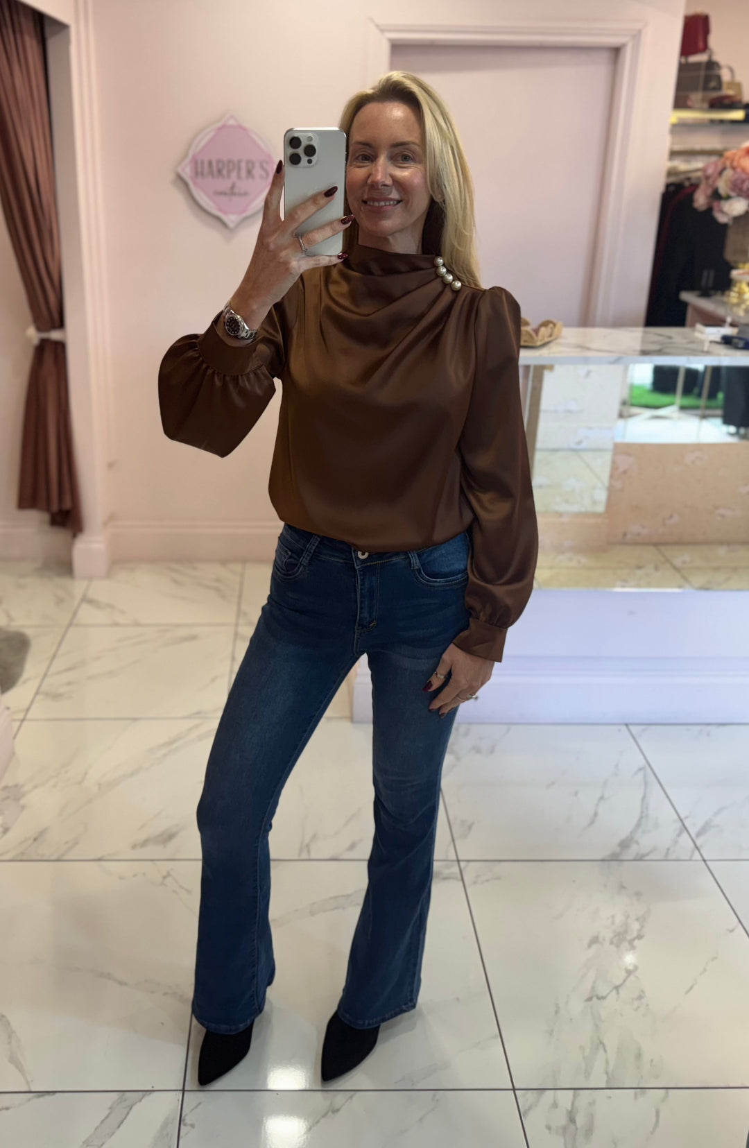 Penelope Pearl Shoulder Chocolate Blouse/Top