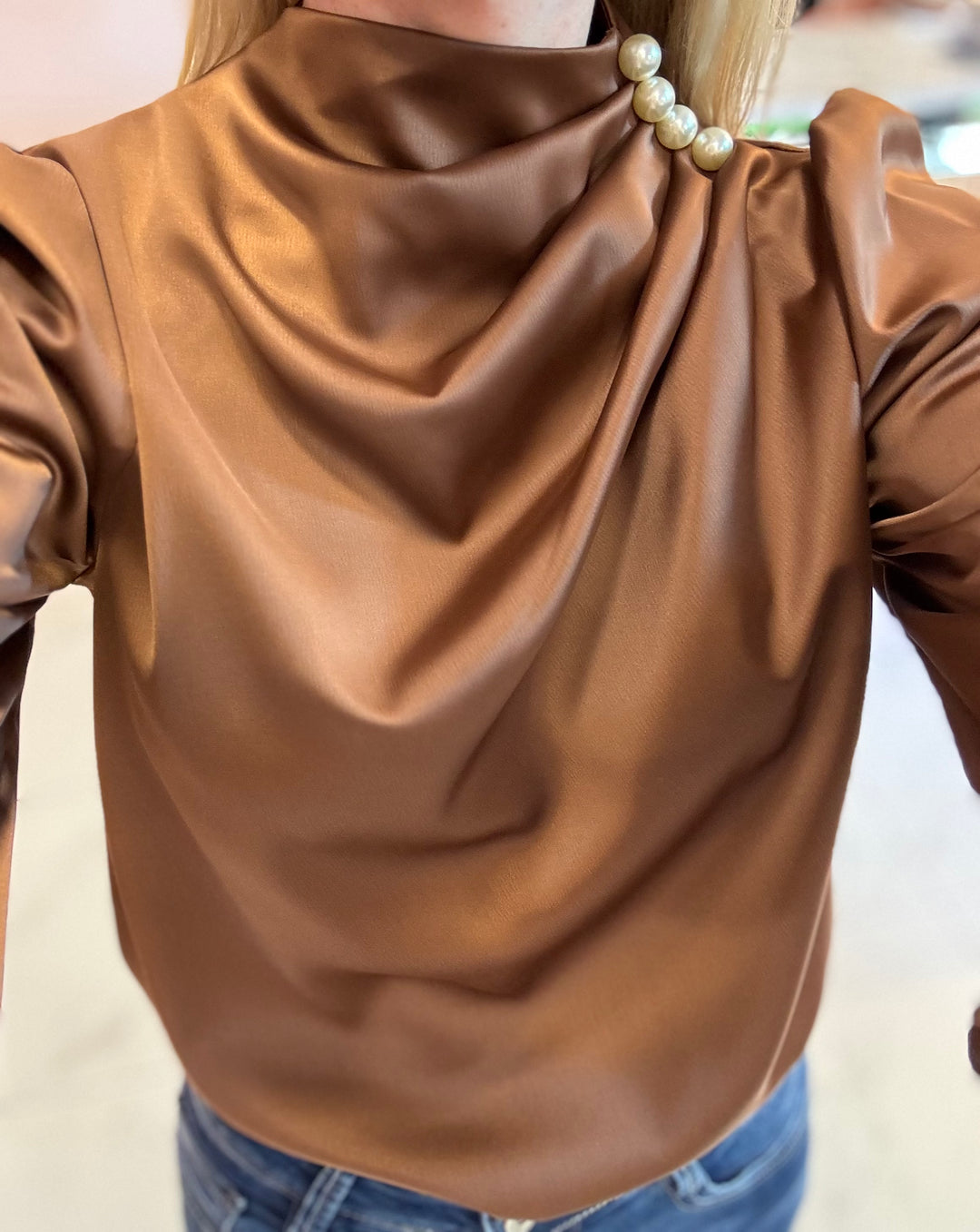 Penelope Pearl Shoulder Chocolate Blouse/Top