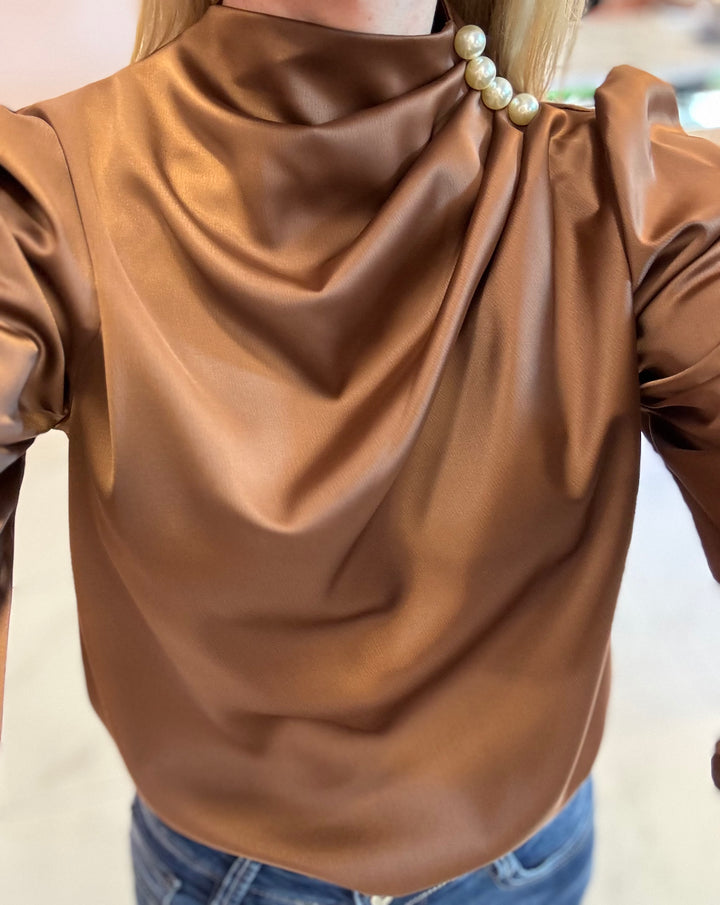 Penelope Pearl Shoulder Chocolate Blouse/Top