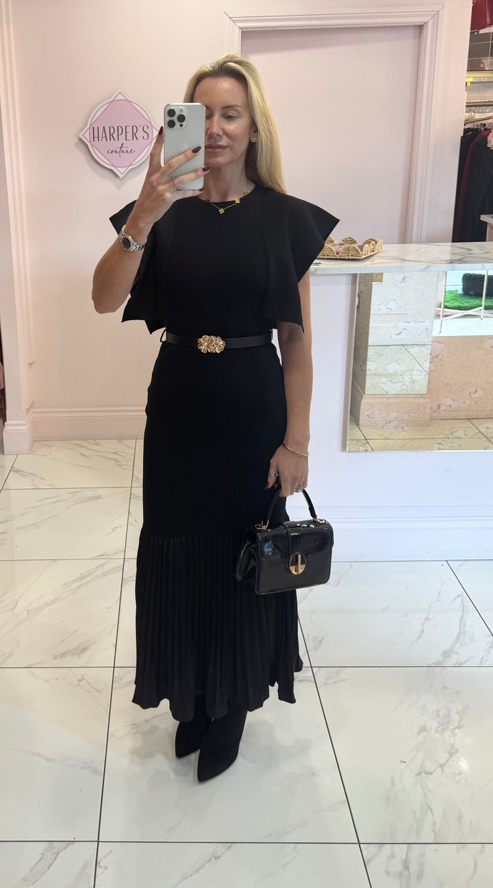 Delilah Black Knit Belted Dress With Pleated Bottom