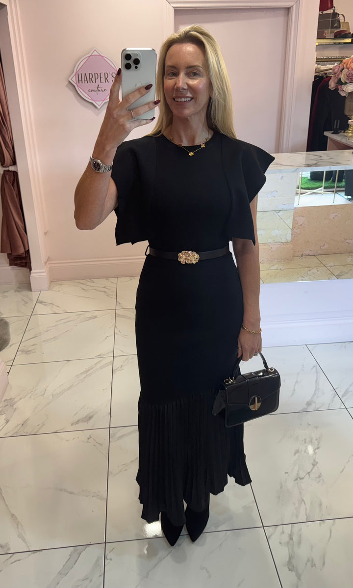 Delilah Black Knit Belted Dress With Pleated Bottom
