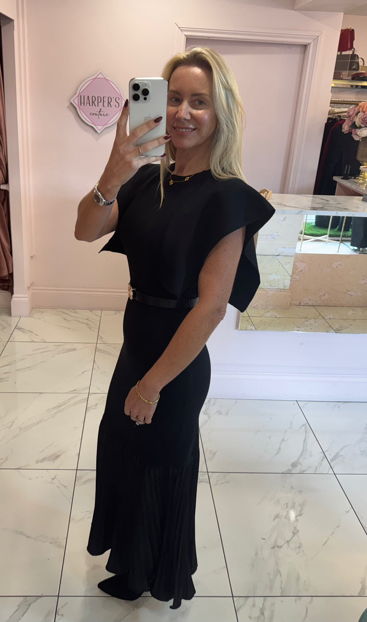 Delilah Black Knit Belted Dress With Pleated Bottom