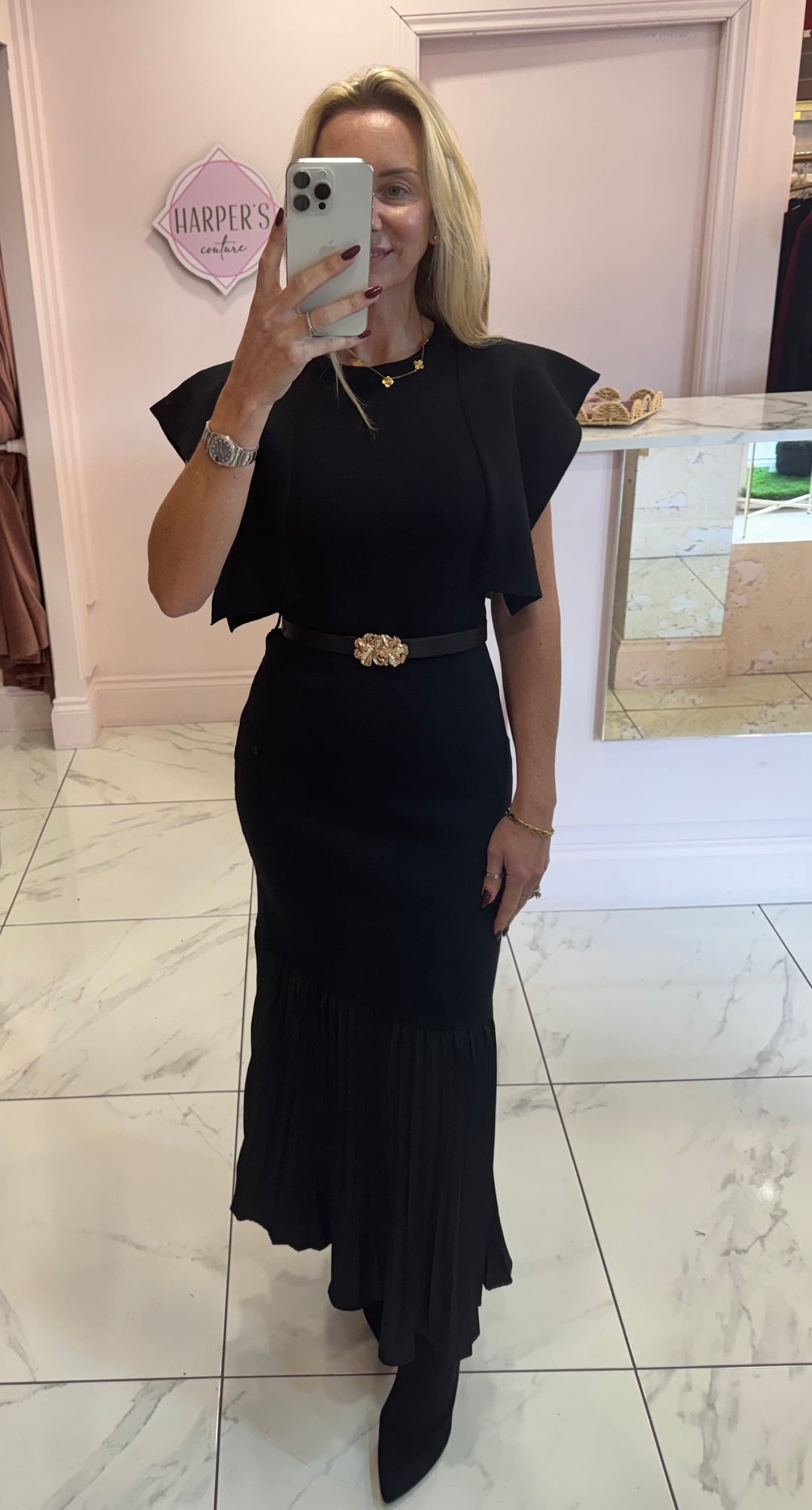 Delilah Black Knit Belted Dress With Pleated Bottom