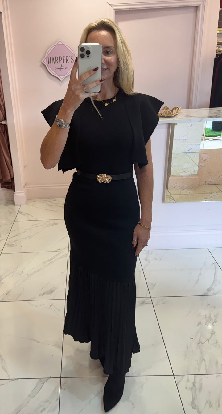 Delilah Black Knit Belted Dress With Pleated Bottom