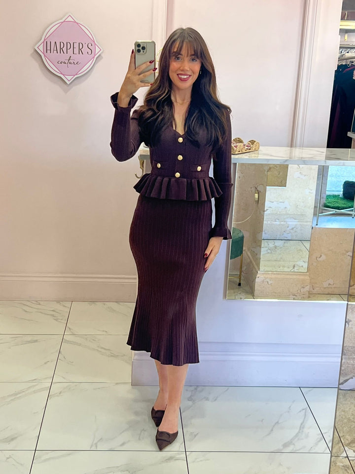 Belinda Chocolate Ribbed Knit Peplum Midi Dress