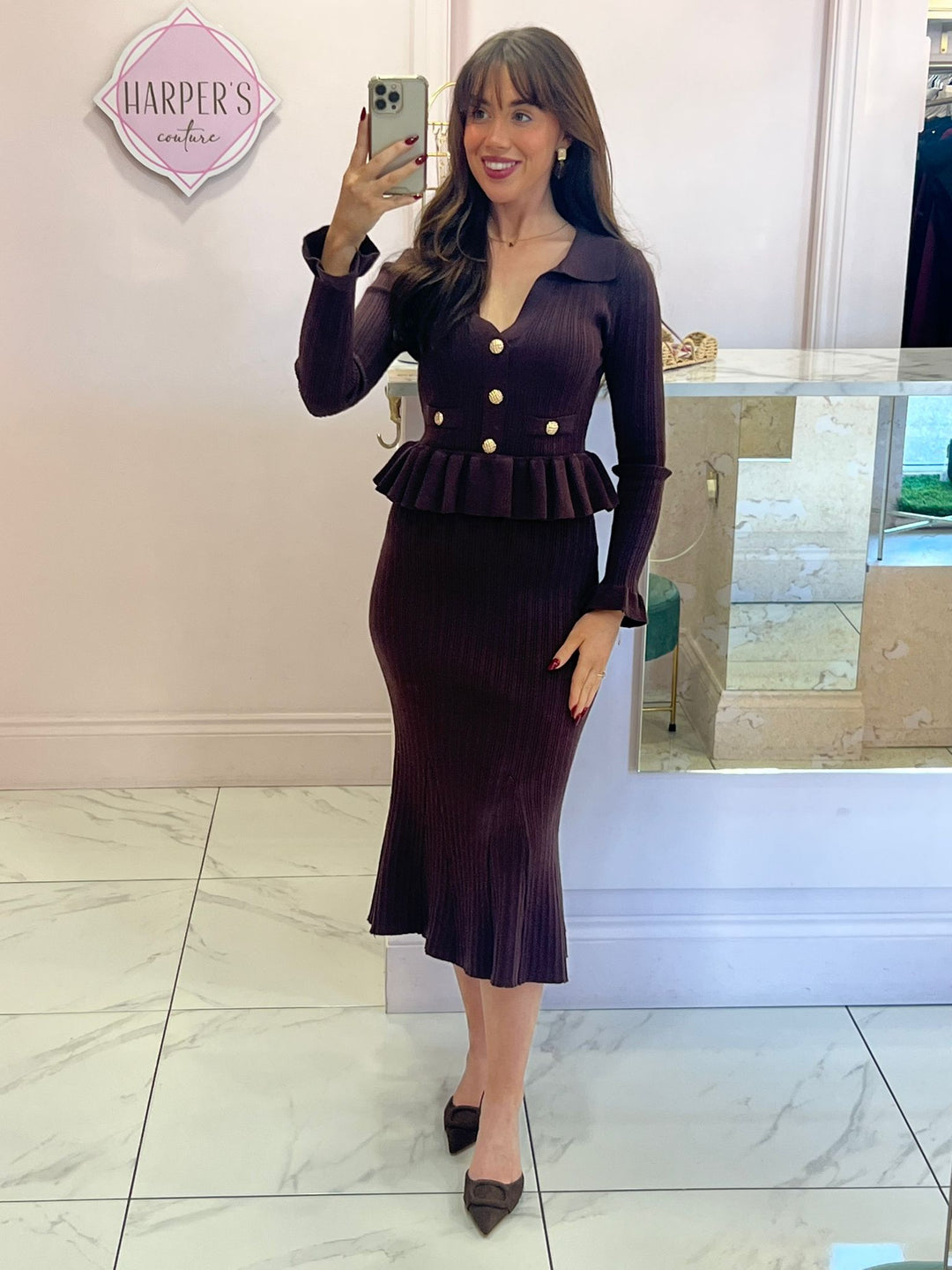 Belinda Chocolate Ribbed Knit Peplum Midi Dress