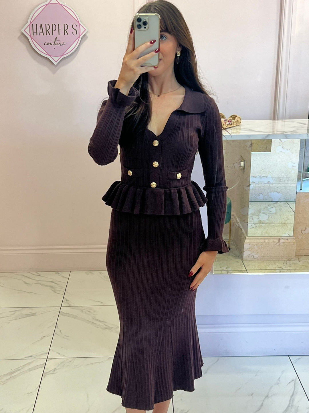 Belinda Chocolate Ribbed Knit Peplum Midi Dress