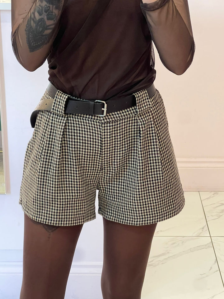 Mila Houndstooth Chocolate Belted Shorts