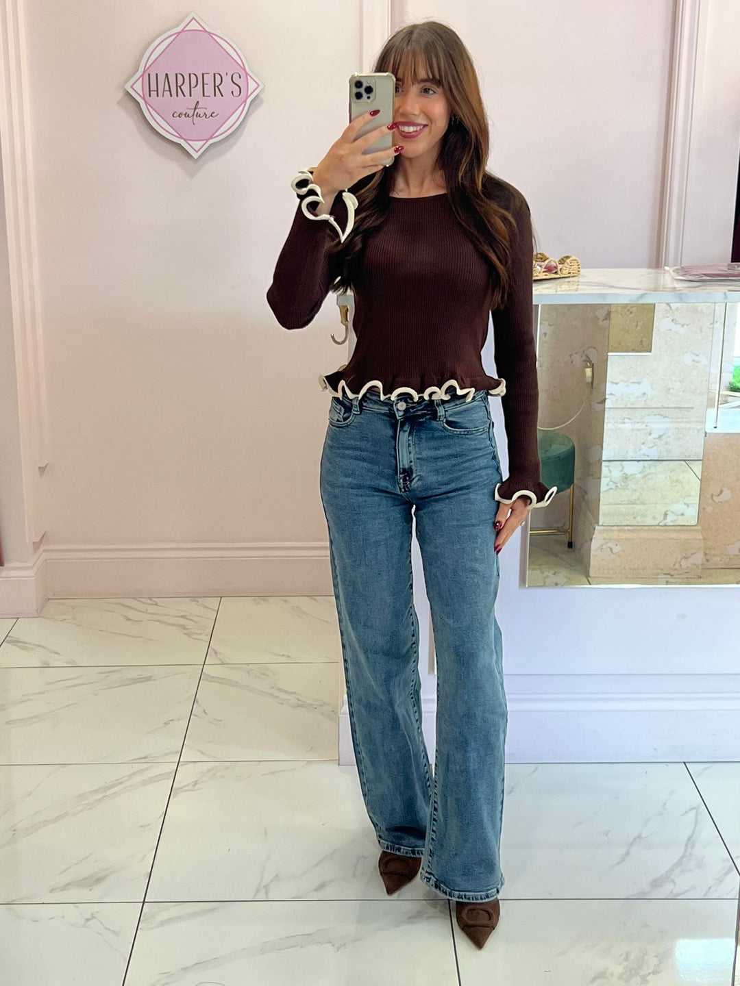 Valencia Chocolate & Cream Piped Edge Ribbed Knit Sweater/Jumper