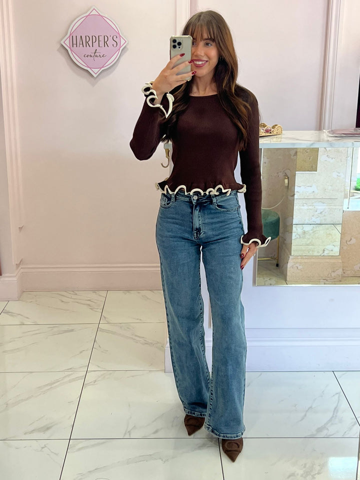 Valencia Chocolate & Cream Piped Edge Ribbed Knit Sweater/Jumper