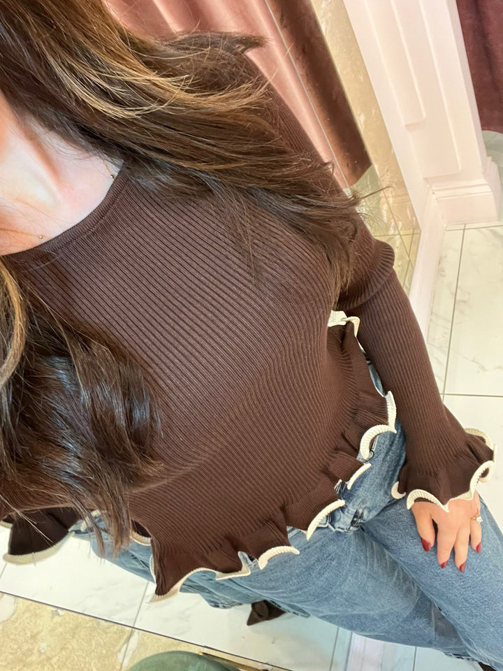 Valencia Chocolate & Cream Piped Edge Ribbed Knit Sweater/Jumper