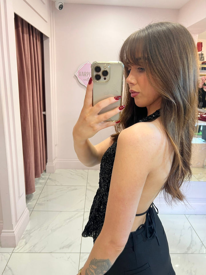 Taliah Black Sequin Halter-neck Top