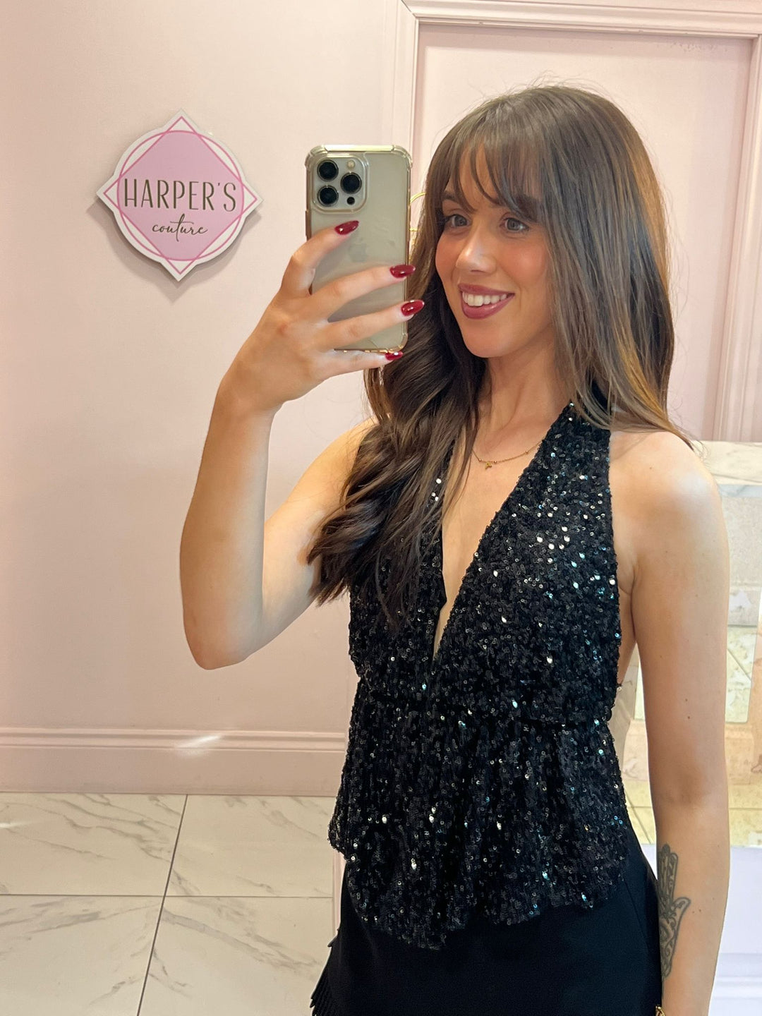 Taliah Black Sequin Halter-neck Top