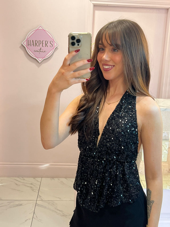 Taliah Black Sequin Halter-neck Top