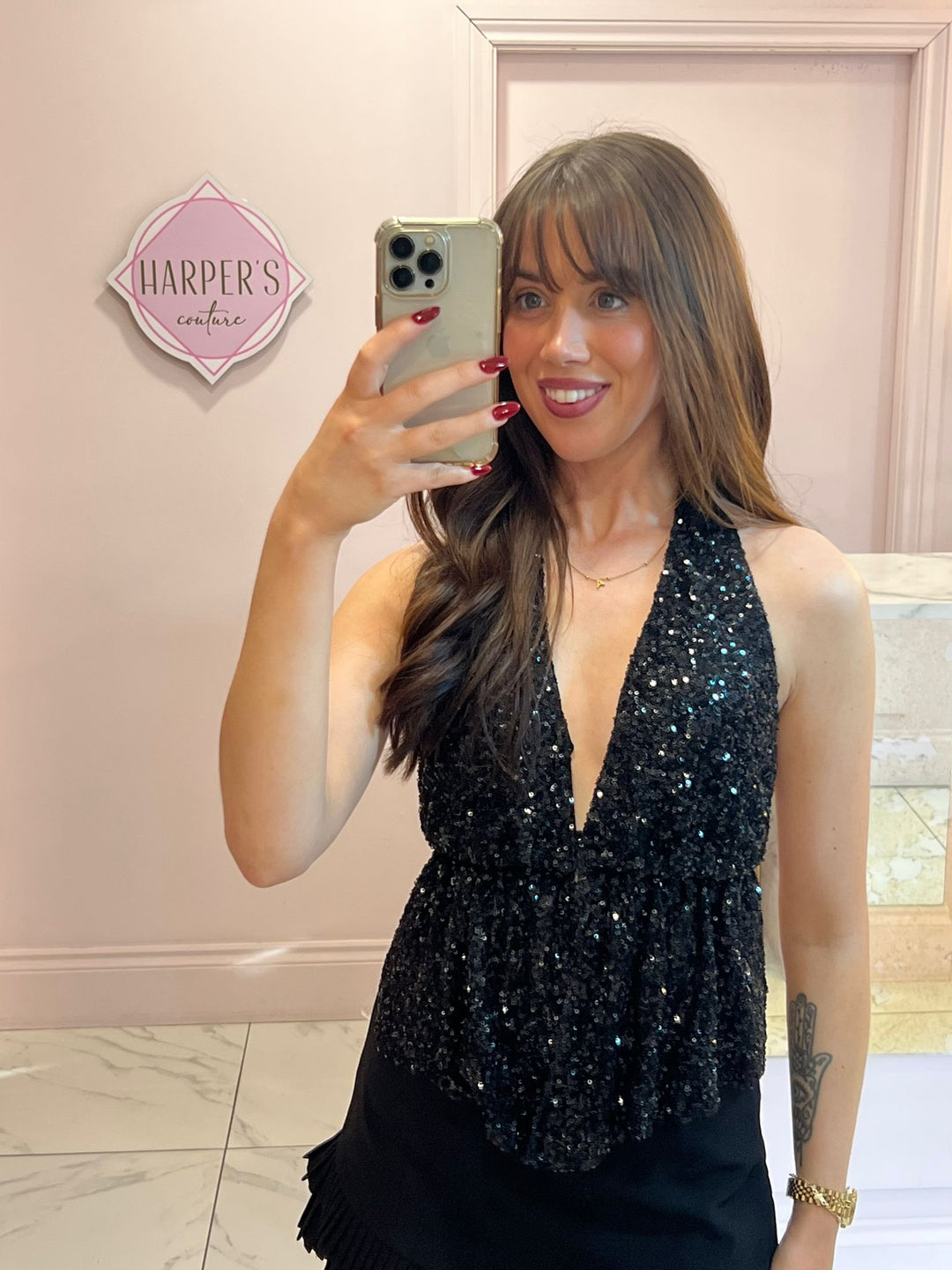 Taliah Black Sequin Halter-neck Top