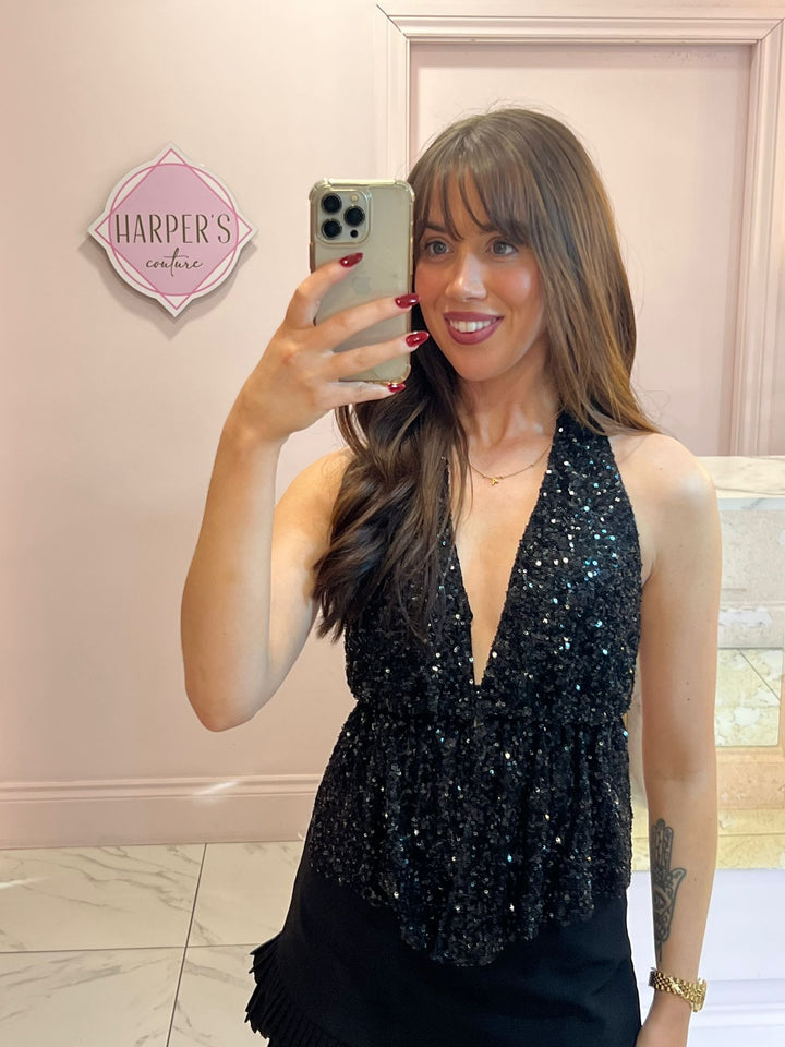 Taliah Black Sequin Halter-neck Top
