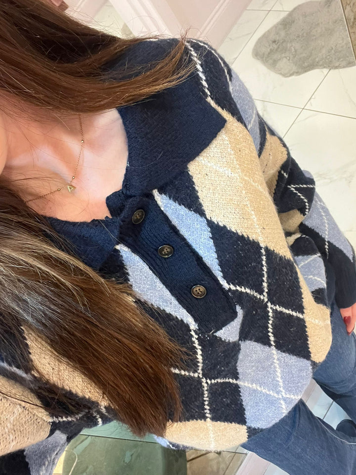 Nelly Multicolour Argyle Chunky Knit Jumper