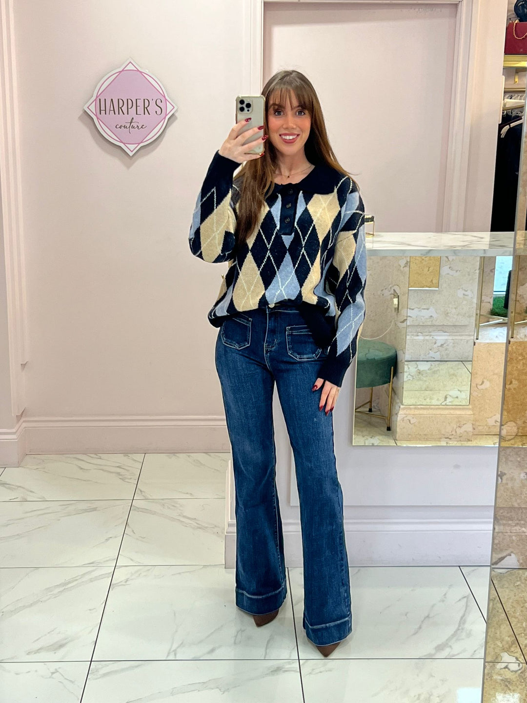 Nelly Multicolour Argyle Chunky Knit Jumper