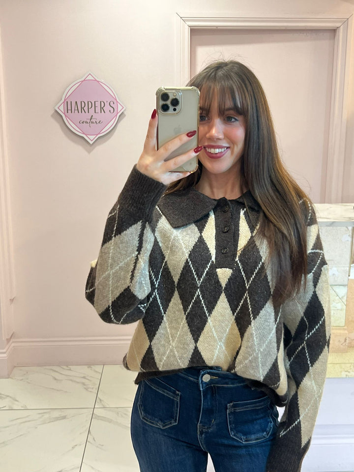 Nelly Multicolour Argyle Chunky Knit Jumper
